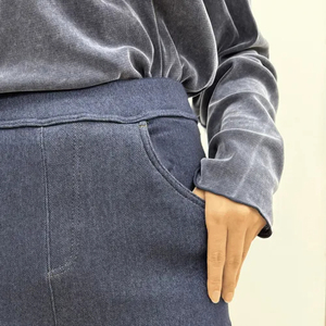 Jeans à jambes larges taille haute pour femmes, denim extensible tricoté, respirant, poche passepoilée, jeans décontractés - Product Image 3