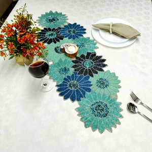 Floral Embroidered Table <b>Runner</b> Blue Green Cotton Bohemian Home Decor <b>Washable</b> - Product Image 1