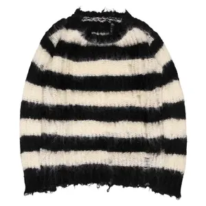 FYB Custom Crew Neck Stripe Mohair Men Pullover Long Sleeve Fuzzy Wool Knit Distressed Sweater