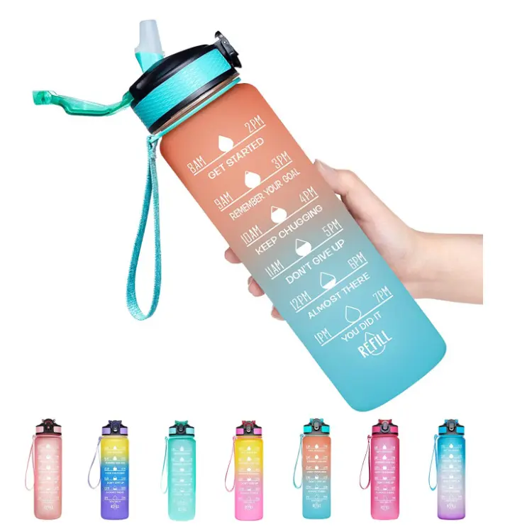 32OZ Wasser flasche Motivations zeit marker halbe Gallone klar gefrostet Sport Zeit marker Wasser flasche mit Strohhalm