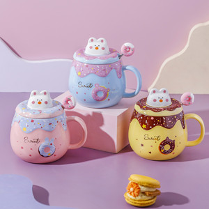 Mug en céramique 3D mignon en forme de donut et de <span class=keywords><strong>lapin</strong></span> 400 ml - <span class=keywords><strong>Tasse</strong></span> à café créative en forme de <span class=keywords><strong>lapin</strong></span> de dessin animé avec couvercle et cuillère, ensemble cadeau idéal pour le bureau - Product Image 1