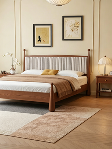 Midcentury Modern Upholstered Wooden <b>Bed</b> <b>Frame</b> <b>Queen</b> <b>Size</b> Fabric Headboard Soft <b>Bed</b> with Striped Design - Product Image 2