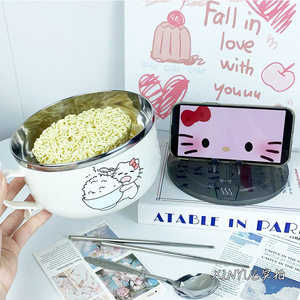 ชามบะหมี่กึ่งสำเร็จรูปลายลูกแมวน่ารัก สแตนเลสพร้อมฝาปิด สำหรับนักศึกษาหอพัก ใช้ในสำนักงาน ล้างในเครื่องล้างจานได้ - Product Image 1