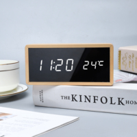 Horloge numérique décorative de bureau en bois avec affichage LED miroir, 3 alarmes, luminosité réglable, température, pour maison et bureau