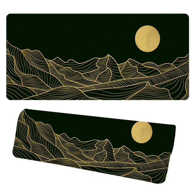 Custom Golden Mountain Line XXL Black Nonslip Heated Rubber Base Stitched Edges Laptop Keyboard Desk Mat Office Home Gamer