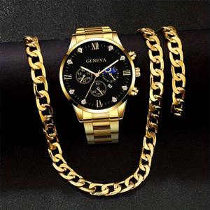 Wholesale Fashion Stainless Steel Quartz <strong>Watch</strong> Bracelet Cross Necklace Jewelry Classic Boy Gold <strong>Geneva</strong> <strong>Watches</strong> <strong>Set</strong> for Men - Product Image 1