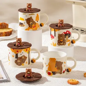 Conjunto de xícara e tampa de café de cerâmica de urso fofo personalizado de sublimação de venda quente