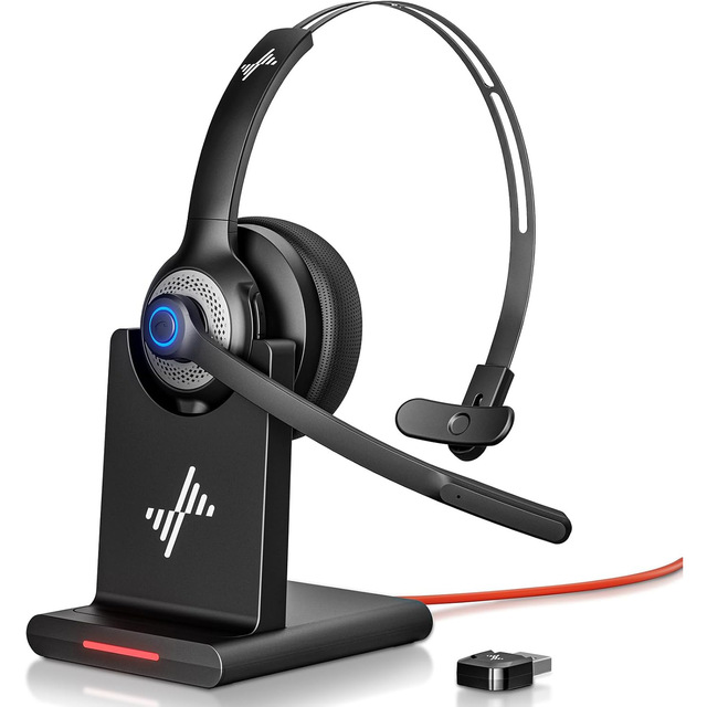 EAGLEND Wireless  Headset with Charging Base & USB Dongle ENC Microphone Over-Ear Call Center Headphone for PC
