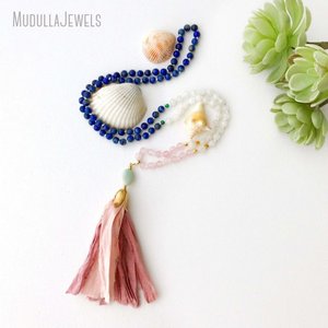 MN19828 <span class=keywords><strong>Piedra</strong></span> preciosa natural <span class=keywords><strong>Piedra</strong></span> lunar 108 Cuentas Mala Anudadas a mano Sari Seda Borla Collar Curación espiritual Yoga Joyería Regalo - Product Image 1