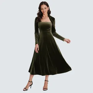 4558 가을 옷 2021 프랑스 빈티지 드레스 녹색 스트레치 긴 벨벳 드레스 크리스마스 맥시 드레스