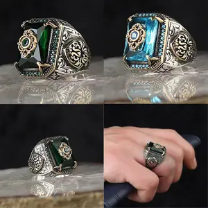 Kustom Turki Signet Rings untuk Pria Wanita Kuno Warna Perak Diukir Eagle Gemstone Inlay Punk Motor Biker Kecemasan Cincin Perhiasan