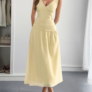 2025 printemps été élégant transfrontalier profond V taille-révélant longue jupe plaine teint en mousseline de soie Style décontracté avant longueur au sol - Product Image 6