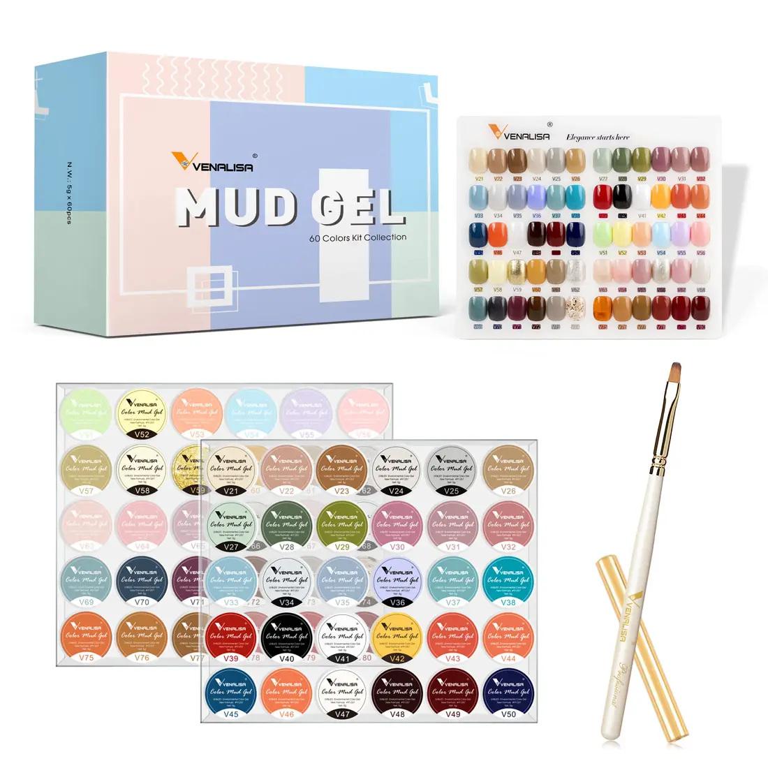 Venalisa Professional Odorless 60 Colors Mud Painting Gel Kit 5ml Not Flowing Color Gel Varnish with Color Chartネイルブラシ