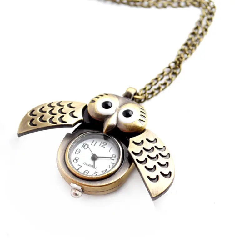 Child style Simple Round Antique Bronze Round Pocket Watch Necklace Pendant Owl Necklace Watch
