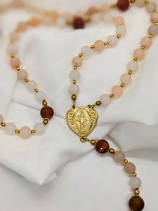 과달루페의 성모 가톨릭 묵주 8mm 무광택 핑크 Aventurine 기적의 메달 금 십자가 묵주 목걸이 - Product Image 4