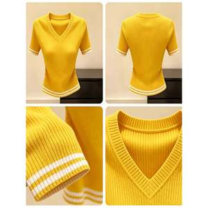 Suéter de punto de manga corta con cuello en V para mujer, color gris, talla S, con ribete acanalado - Product Image 6