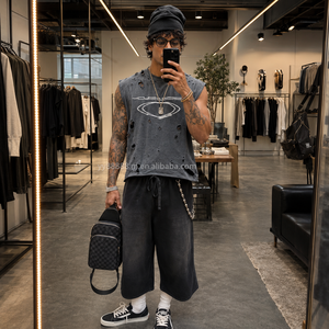 Camisetas sin mangas OEM para hombre, estilo urbano, con efecto desgastado, rotos, estampados, lavado ácido, <span class=keywords><strong>de</strong></span> algodón - Product Image 1