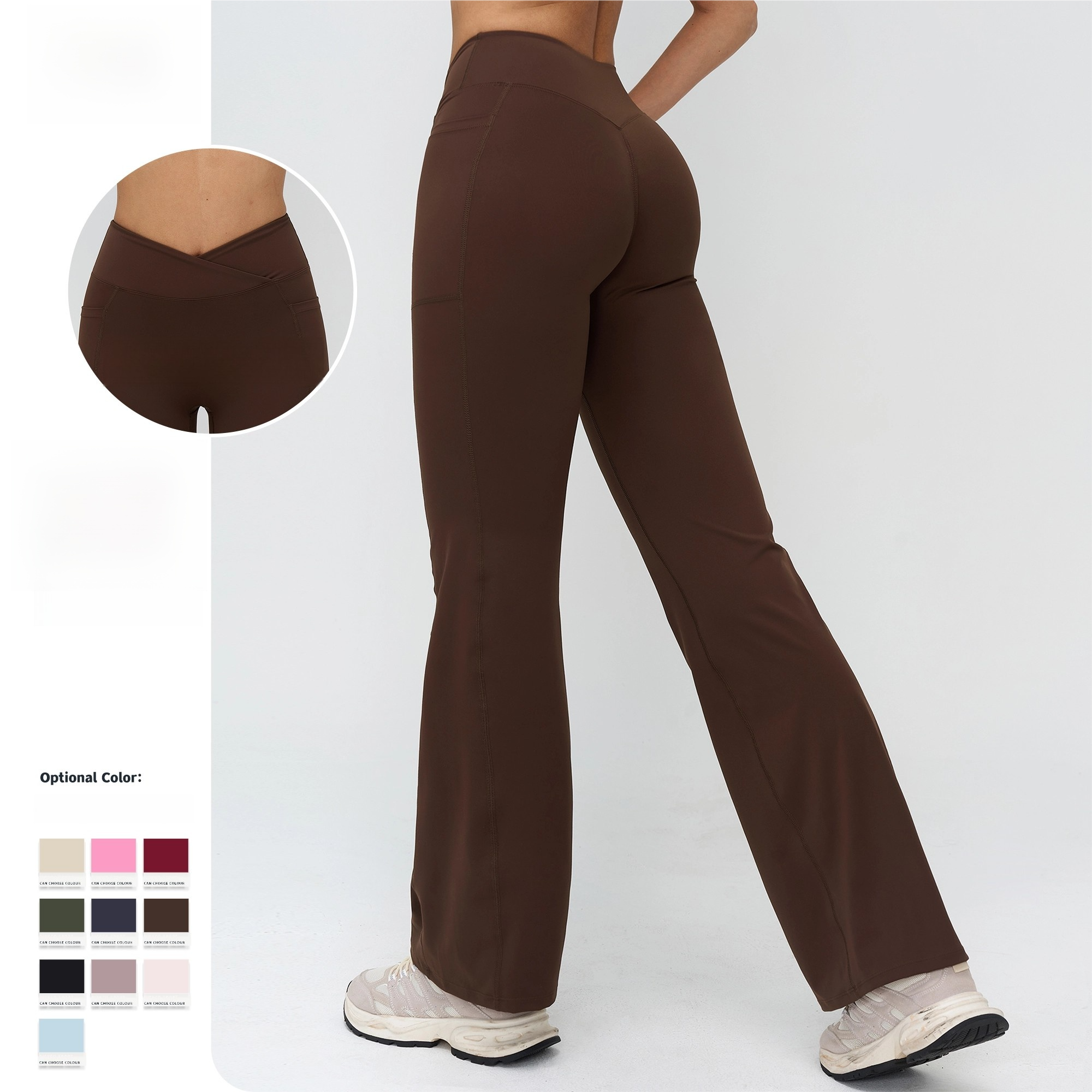 Breathable Solid High-Waisted Yoga Pants Cross-Front Bra Set Flared Legs Elastic Waist Full-Length Quick-Dry Spandex/Nylon