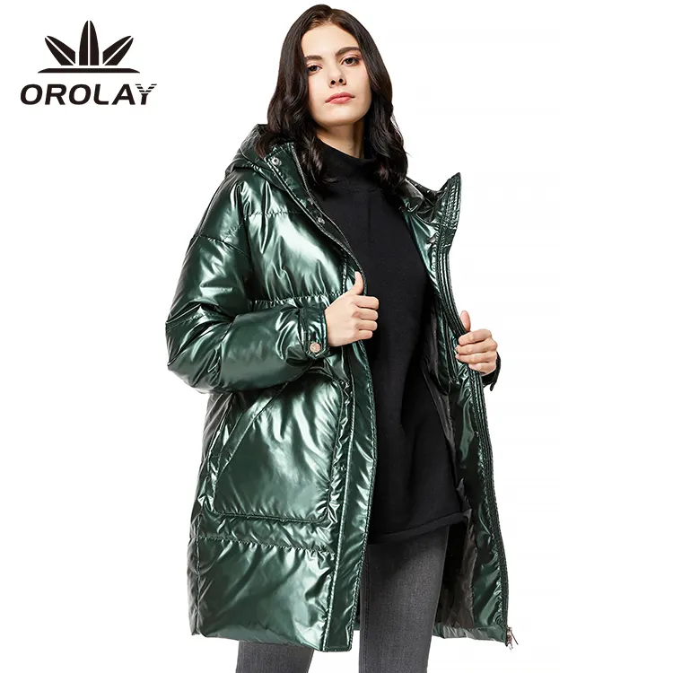 New arrival Women long Shiny Puffer Jacket Polyester Down Coat Hooded Parka