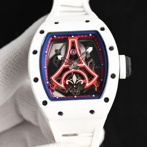 Montre mécanique squelette en céramique blanche personnalisée haut de gamme, cadran Tour Eiffel <span class=keywords><strong>rouge</strong></span>, bracelet sport <span class=keywords><strong>blanc</strong></span>, montre de luxe pour homme, cadeau - Product Image 1