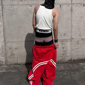 Pantalon large en pur coton pour homme, coupe ample, double taille, broderie rayée rouge, style coréen, léger et décontracté - Product Image 3