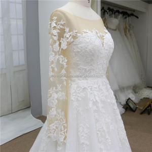 Il colore della pelle di <span class=keywords><strong>tulle</strong></span> <span class=keywords><strong>con</strong></span> maniche lunghe francese del merletto del cotone UNA linea <span class=keywords><strong>gonna</strong></span> 2020 ultime abiti da sposa da sposa - Product Image 3