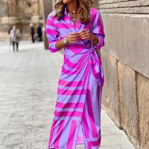 Robe midi imprimée à col polo et ceinture, à rayures, manches longues, pour le bureau et les trajets quotidiens, pour femmes, dropshipping Shopify - Product Image 5