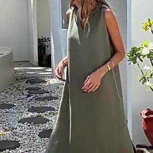 เดรสผ้าฝ้ายลินินทรงหลวมคอวีลึกแบบใหม่แฟชั่น - Product Image 2