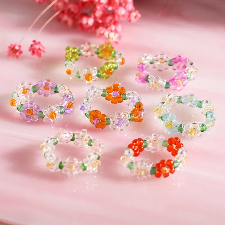 Anel havaiano de verão, corda de cristal elástica, design de moda, tecido à mão, colorido, transparente, contas, anel de flor feminino