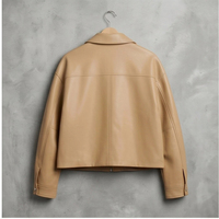 Veste en cuir de mouton pleine fleur kaki clair pour femme, coupe décontractée courte à épaules tombantes, col à revers et fermeture éclair