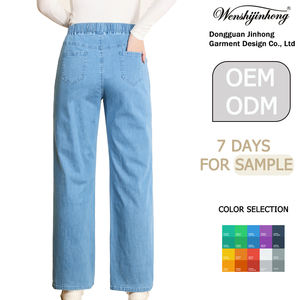 2025 personalizado de talle alto para mujer de talla grande cintura elástica pantalones <span class=keywords><strong>vaqueros</strong></span> de pierna ancha corte suelto Vintage lavado ecológico pantalones <span class=keywords><strong>vaqueros</strong></span> azules - Product Image 2