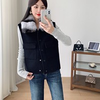 Gilet 100 % laine pour femme, coupe décontractée, fermeture à boutons-pression, poches plaquées, col en fourrure de lapin Rex