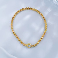 Bracciale Elastico Minimalista con Perle Rotonde Lucidate e Diamanti Coltivati in Laboratorio in Oro Giallo 18K, Gioielli Raffinati per Donne