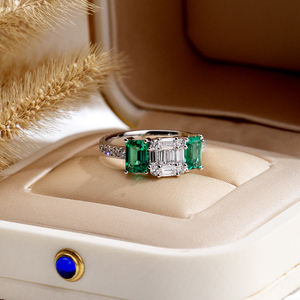 Messi Jewelry MSR-2125 9K Gold Marquise Shape Three Stone Lab Grown <b>Diamond</b> Lab Emerald <b>Ring</b> Wedding <b>Ring</b> for Women - Product Image 1