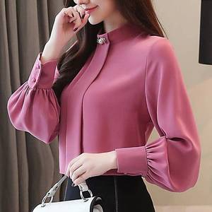 Nova Moda Camisas Femininas de Manga Longa Cor Sólida Chiffon Blusa <span class=keywords><strong>Formal</strong></span> Solta com Detalhe de Botão Tops Camisa Casual - Product Image 4