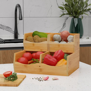 Wooden Partitioned <b>Desktop</b> <b>Shelf</b> 2 Tier Removable Kitchen Storage Organizer For Vegetables Fruits Snacks Condiments - Product Image 1