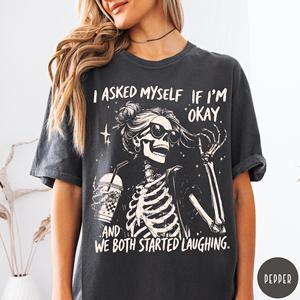 Maglietta Vintage Distressed con Stampa Scheletro 'I Asked Myself If I'm Okay' - OEM ODM, Divertente, Sarcasmica, per la Salute Mentale - Product Image 3