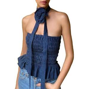 VOIKERDR เสื้อครอปผ้าเดนิมแบบไม่มีสายรัดสำหรับผู้หญิง ฤดูร้อน แต่งระบายลายดอกไม้ เสื้อครอปยีนส์ลำลอง ระบายอากาศได้ดี แฟชั่นทันสมัย - Product Image 6