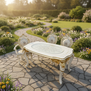 ชุดโต๊ะอาหารไม้แกะสลักสไตล์ยุโรป รูปทรงสี่เหลี่ยมผืนผ้า พร้อมเก้าอี้ 7 ชิ้น เฟอร์นิเจอร์บ้าน ลายทอง สำหรับอพาร์ทเมนต์ขนาดเล็ก - Product Image 2