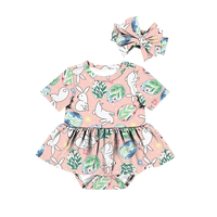Pâques vêtements pour bébés nouveau-né fille barboteuses ensemble manches courtes à volants Floral et lapin imprimé combinaison avec bébé bandeau 2 pièces