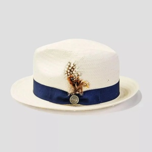 Chapeau Fedora en paille blanche avec ruban bleu et accent plume, décontracté, pour l'extérieur, unisexe, pour adultes - Product Image 1