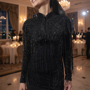Crystal Beaded Satin Embroidered Prom Dress <b>Sequined</b> Formal <b>Plus</b> <b>Size</b> Stand Half Sleeves Poncho Style Blouses & Shirts - Product Image 3