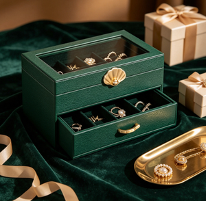 Boîte à bijoux en cuir PU vert foncé avec couvercle en verre et 2 tiroirs, grand organiseur en velours pour bagues, boucles d'oreilles, colliers, boîte cadeau pour femmes - Product Image 4