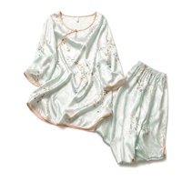 Ensemble de pyjama en soie de mûrier pour femmes, style chinois, été, manches courtes, pantalon long, vêtements de nuit, vêtements de détente