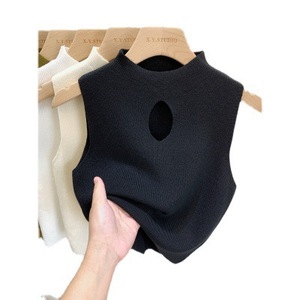 Top a Maglia da <span class=keywords><strong>Donna</strong></span> 2023 con Collo Semi-Alto e Interno Traforato, Nuovo Design Monocolore Aderente e Sexy <span class=keywords><strong>Senza</strong></span> <span class=keywords><strong>Maniche</strong></span> - Product Image 4