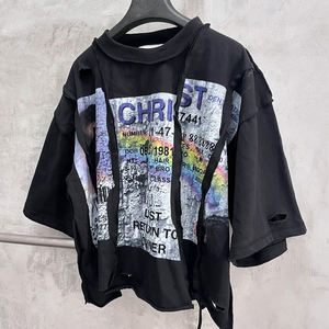 Custom <strong>Clothing</strong> <strong>Manufacturer</strong> Y2k Tshirt Patchwork Cut and Sew Distressed t Shirt Streetwear Boxy Cropped Panel Tee for Men - Product Image 1