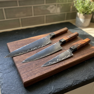 Customized Industrial Grade Carbon Steel Chef Set with Rose Wood Handle High Carbon 1095 Blades (3 <b>Knives</b>) Razor <b>Sharp</b> - Product Image 2