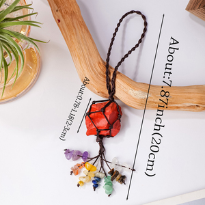Pendentif de voiture en cristal naturel brut, sac en filet tissé à la main, pierres roulées, décoration de voiture 7 chakras pour la guérison, vente en gros - Product Image 2