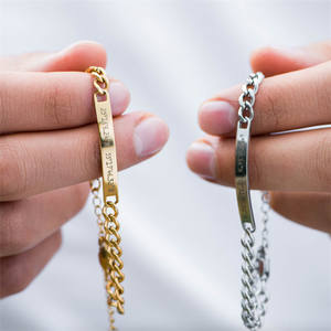 Ensemble de bracelets pour <span class=keywords><strong>couple</strong></span>, bijoux gravés sur mesure, coordonnées, plaqué or et argent, acier inoxydable, chaîne cubaine, bracelet pour femme et homme - Product Image 2