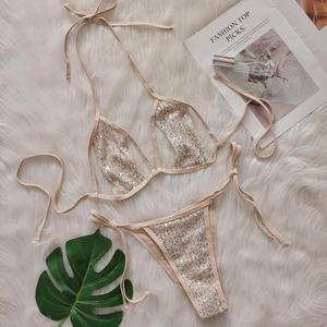 Maillot de bain bikini à sequins deux couleurs <span class=keywords><strong>sans</strong></span> rembourrage avec détails à nouer et effet scintillant pour femme - Product Image 6